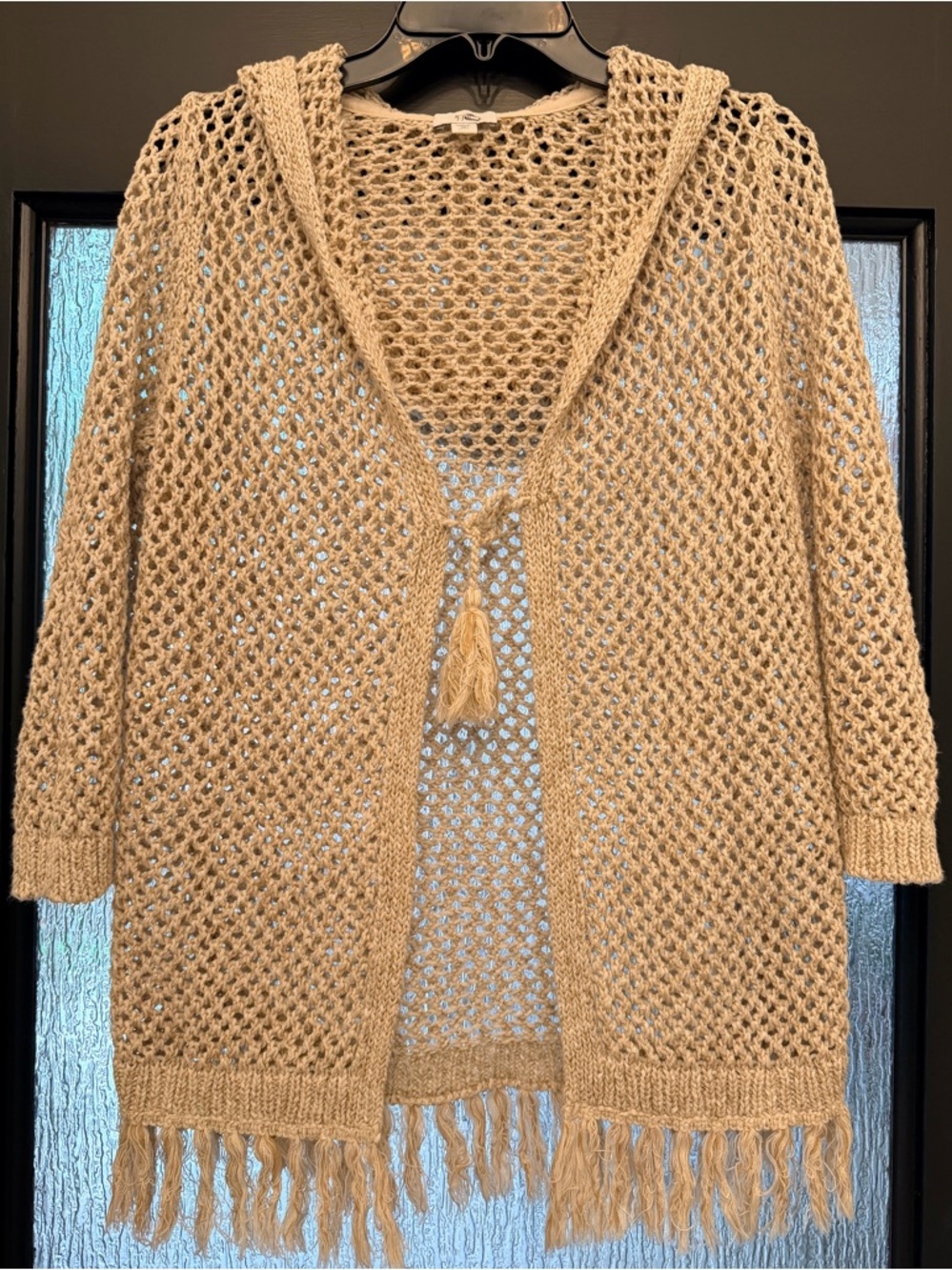 J. Jill Open Knit Cream Hooded Cardigan Fringe Hem Boho Lightweight XS Petite